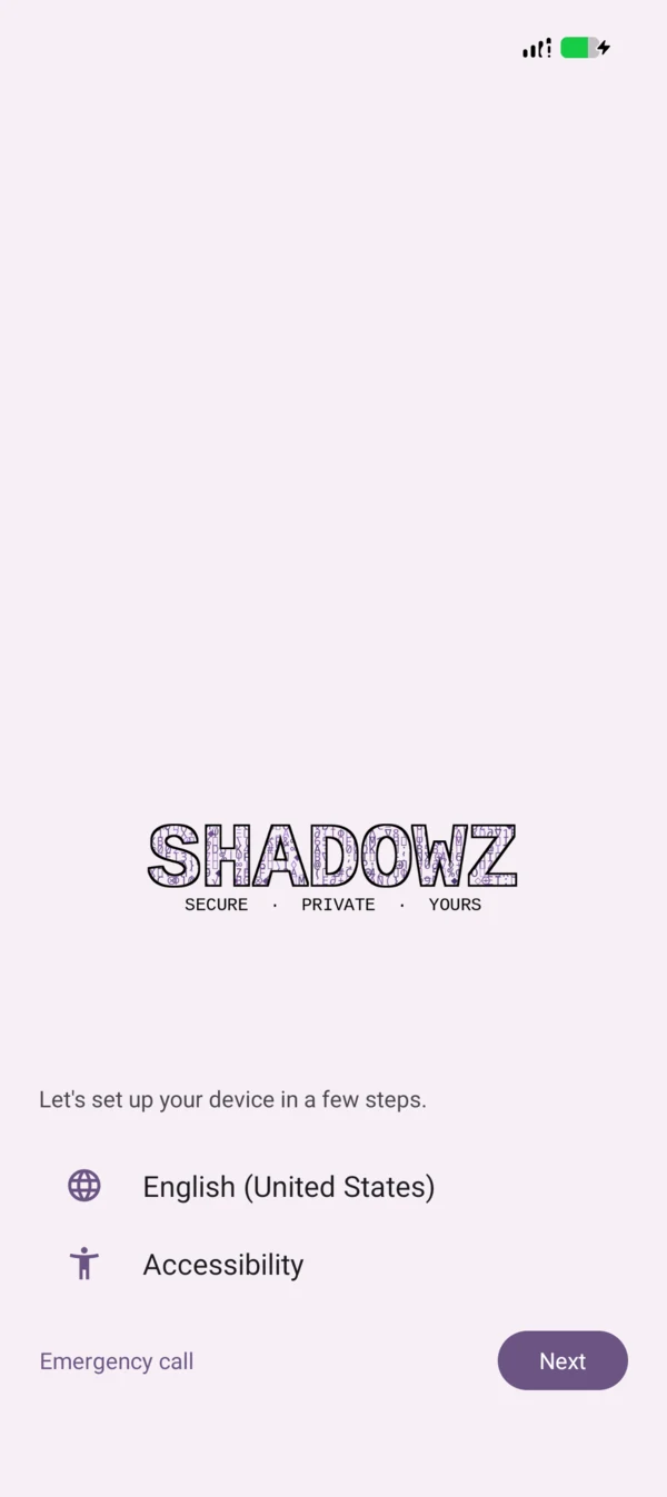ShadowZ Phone: setup wizard on GrapheneOS with ShadowZ branding